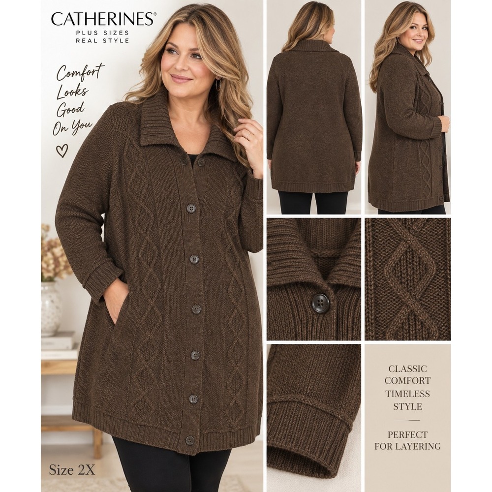 Catherines Women's 2X Brown Wool Blend Long Cardigan Sweater Button Front Cable